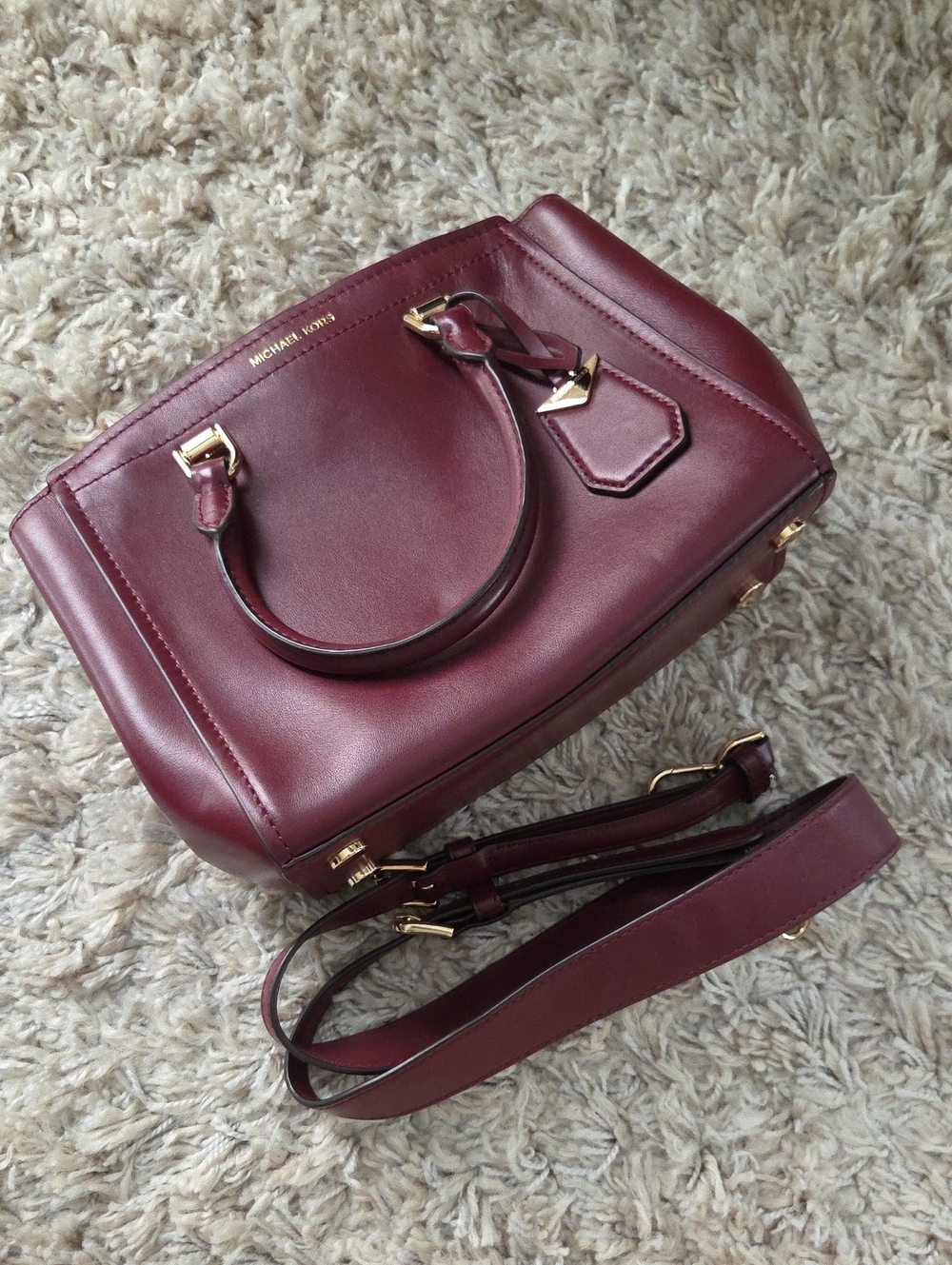 Michael Kors Burgundy Leather Satchel with Detachable Strap
